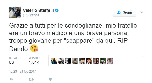 Alessandro Staffelli Morto, Il Fratello Valerio Lo Ricorda Su Twitter